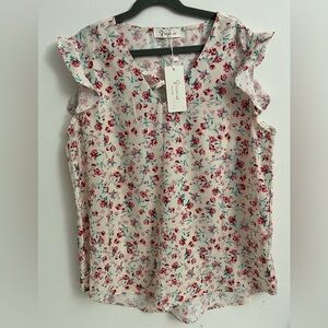 Snowflake Floral Ruffle Sleeve Blouse – White with Red & Blue Flowers – Size S